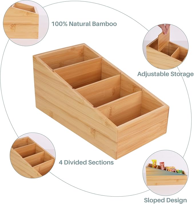 HTB 4-Section Snack Organizer with Removable Dividers for Kitchen, Cabinet, Office, Countertop, 2 Pack Bamboo Pantry Storage Organization for Spice Packets, Seasoning Pouches, Coffee Pods