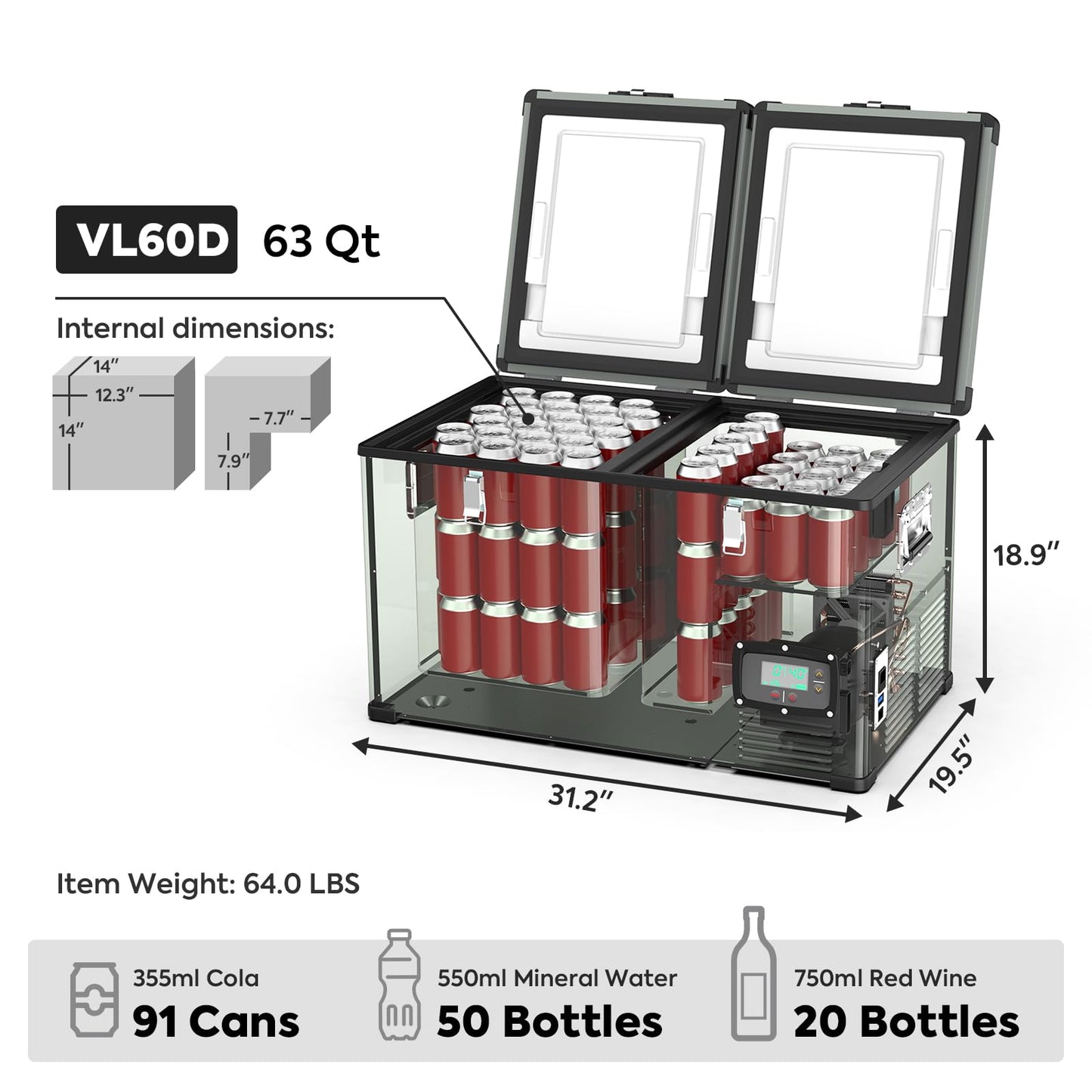 ICECO VL60 Dual Zone Portable Refrigerator with SECOP Compressor, 60 Liters Platinum Compact Refrigerator, DC 12/24V, AC 110-240V, 0℉ to 50℉, Home & Car Use (with Insulated Cover)
