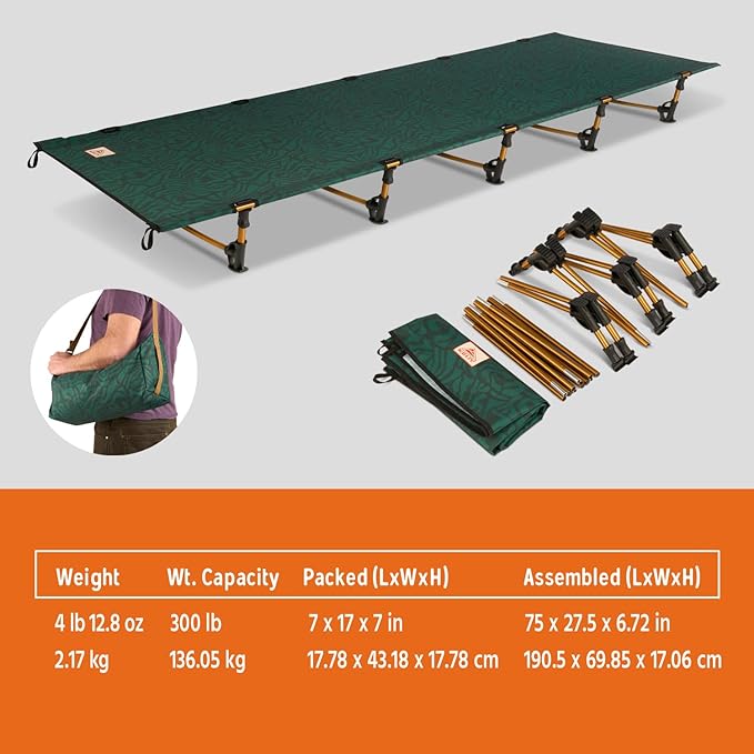 Kelty Lowdown Camping Cot, Tent and Car Camping Bed, Aluminum Frame, Lightweight Carry Size, Fern Green