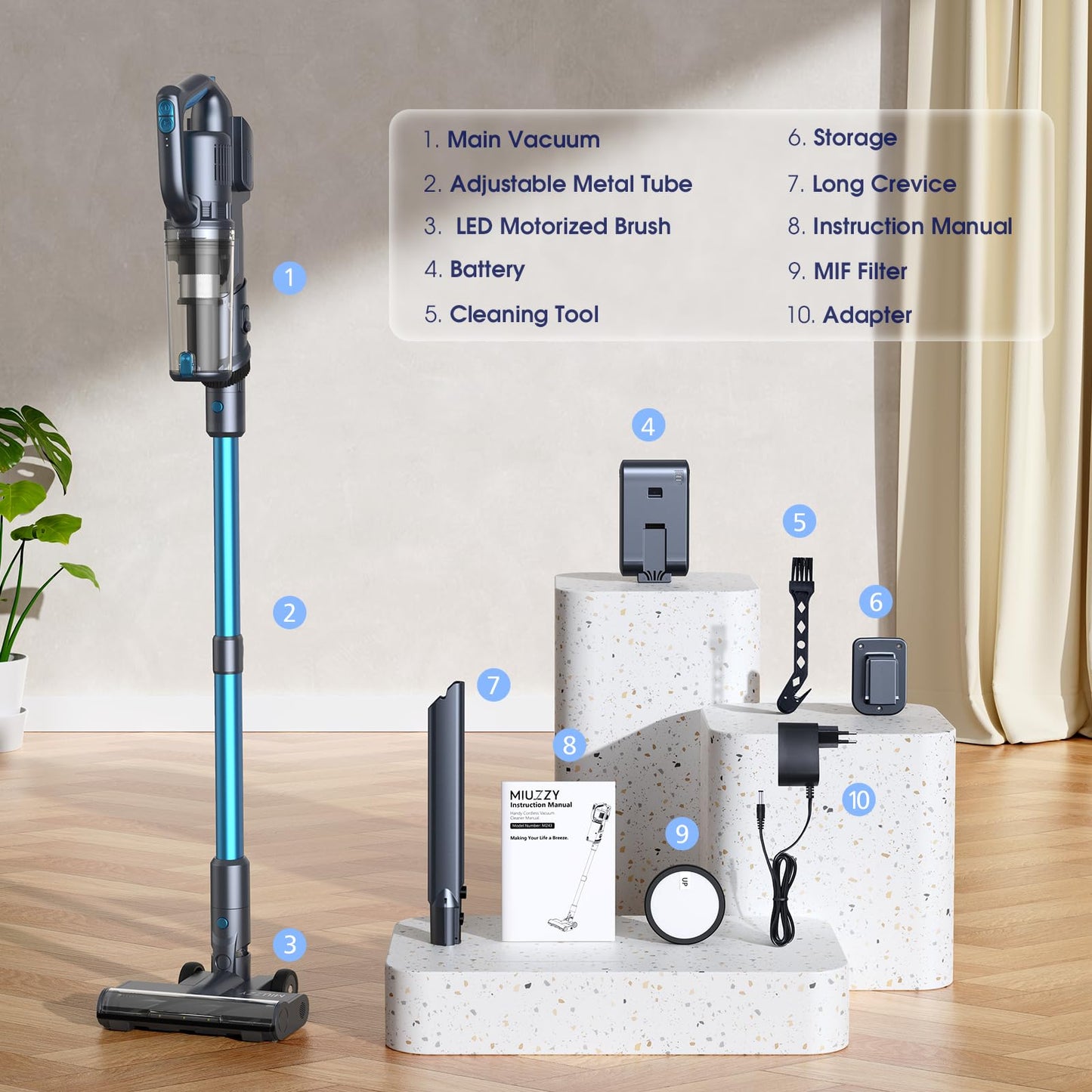 MIUZZY 35,000pa Cordless Vacuum Cleaner, Max 50 Minutes, Lightweight Cordless Cleaners for Home, Stick and Handheld Vacuum for Carpets, Hard Floor, Pet Hair, Cars (Blue)