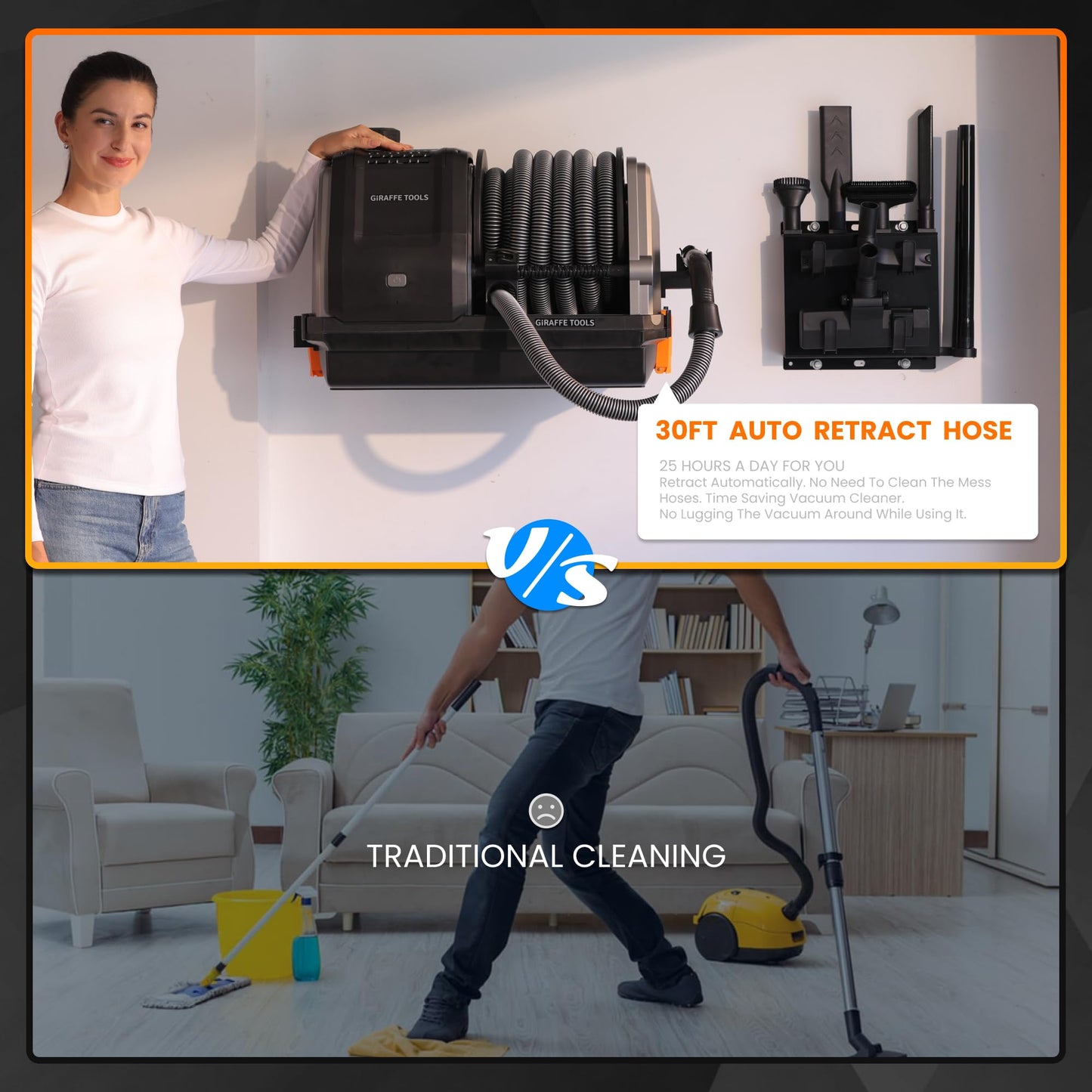 Giraffe Tools Grandstorm Wet Dry Vacuum Cleaner with 6 Nozzles, 30 FT Retractable Hose Wall Mounted Vacuum Cleaner for Car Detailing, Grey（No Remote Control Funtion）
