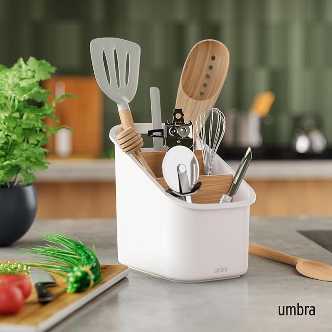 Umbra Bellwood Utensil Holder Kitchen Storage Organizer with Removeable Dividers, White/Natural