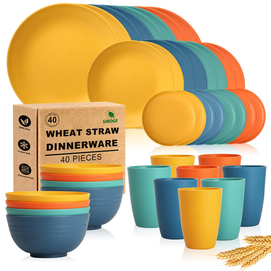 SINOGE Wheat Straw Dinnerware Sets, 40PCS Kids Dinner Plates and Cereal Bowls Set, Microwave and Dishwasher Safe Cups Set for 8, Lightweight Unbreakable Kitchen Dishes Dinnerware Sets- Multi