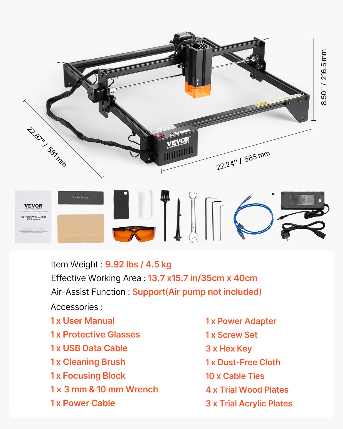VEVOR 10W Output, Laser Engraving Cutter Machine, 14.9 x 15.7 in/38 x 40 cm Working Area, 10000 mm/min Movement Speed, Compressed Spot with Eye Protection, for Wood, Certain Metal, Black