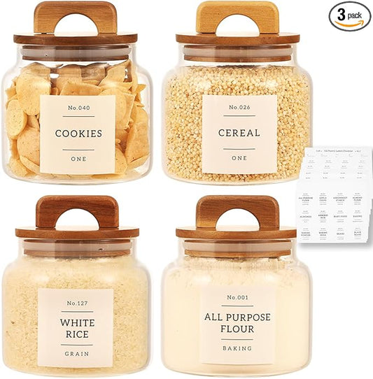 4 Pack Glass Pantry Storage Containers with 132 Pantry Labels - 37 FL OZ Kitchen Glass Canisters with Bamboo Airtight Lids - Farmhouse Glass Pantry Jars for Cookie, Rice, Pasta, Cereal, Bath Salt