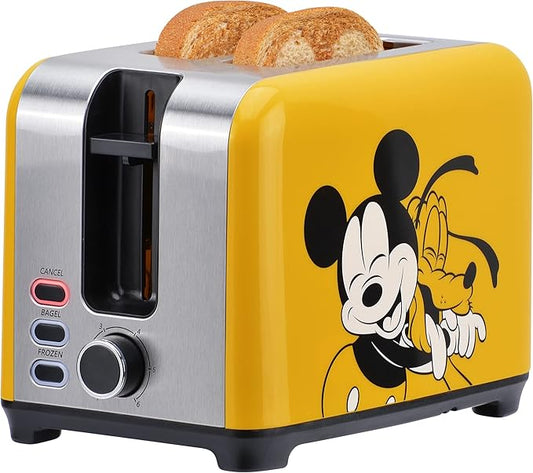 Disney Mickey & Pluto 2-Slice Toaster by Select Brands - Fast Toaster with Wide Slots, Toast Lift & Crumb Tray - Kitchen Essential for Sandwich Bread, Breakfast & Bagels