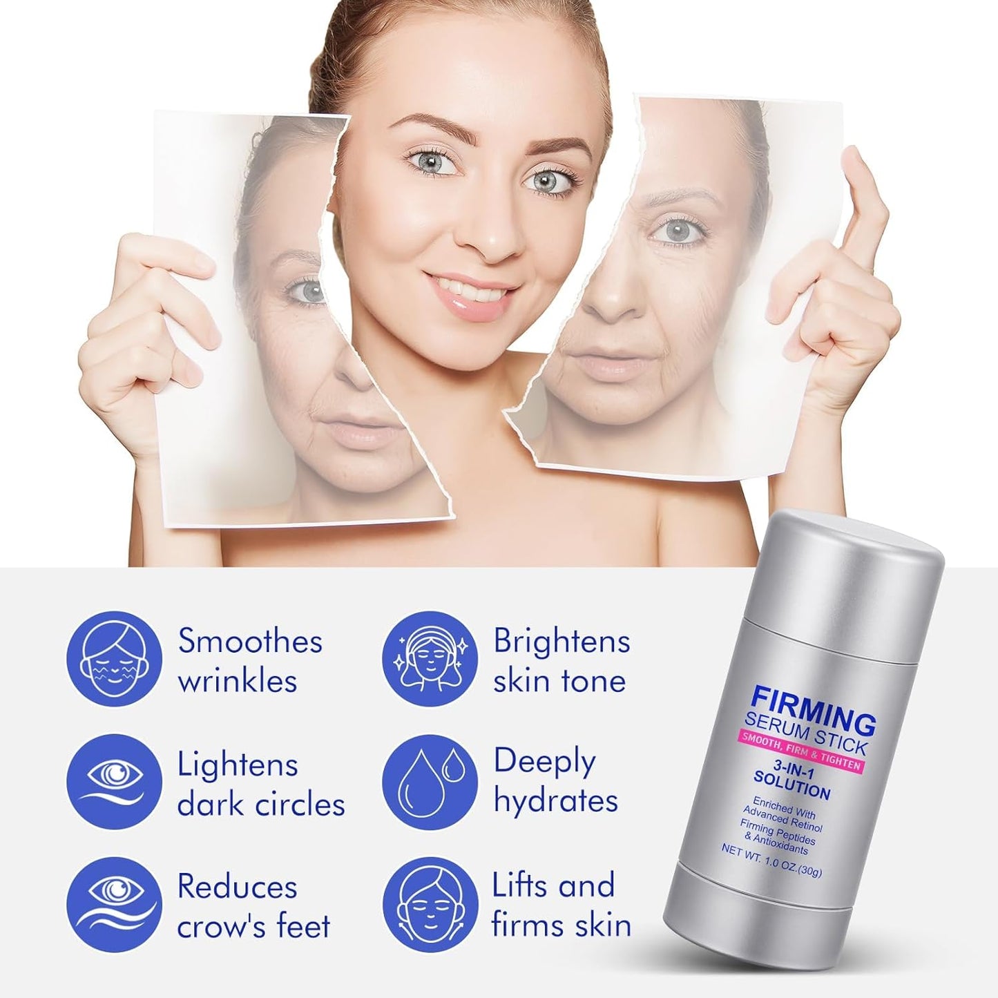Advanced-Retinol Firming Serum Stick, 3-in-1 Firming Serum Stick for Women, Smooth,Tighten and Firm Face,Neck & Jawline, Reduces Wrinkles, Hydrates & Nourishes Skin (1.0 OZ)