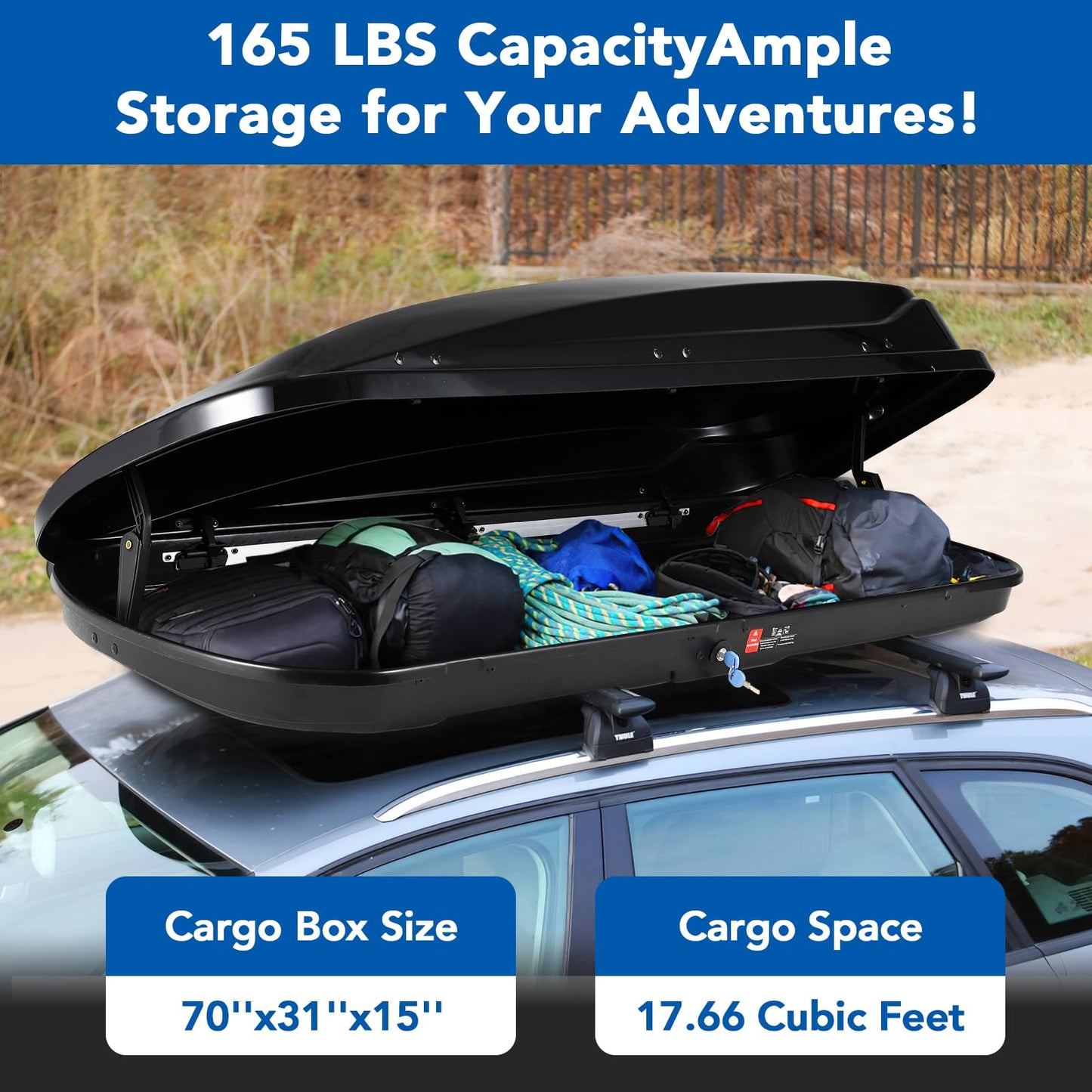 GarveeTech 70 Inch Rooftop Cargo Box Carrier, 17.7 Cubic Ft. Hard Shell Roof Rack Cargo Carrier with Security Keys, 165 Lbs Capacity Waterproof Rooftop Storage Box, Dual Side Opening (17.7 Cubic Ft.)