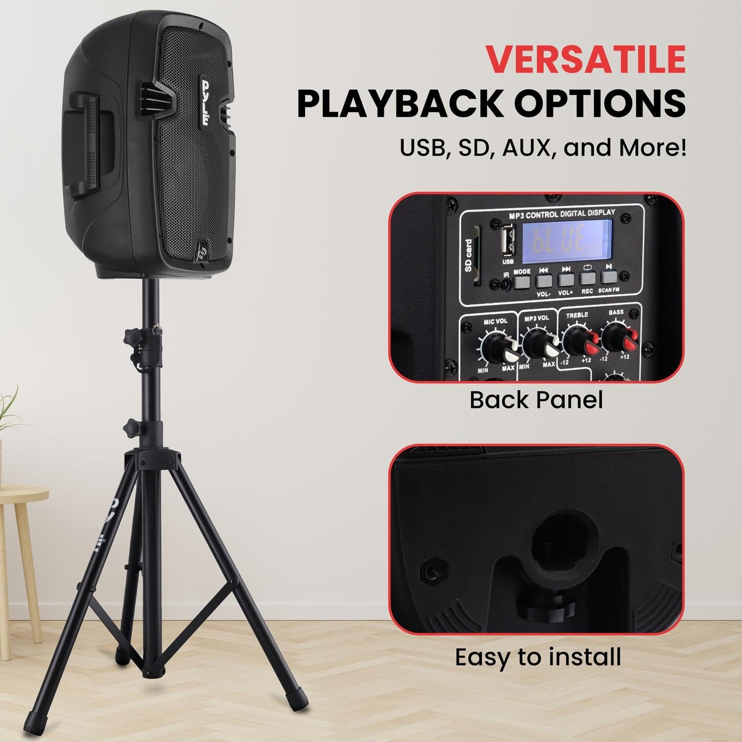 Pyle Powered PA Speaker System Active & Passive Bluetooth Loudspeakers Kit with 8 Inch Speakers, Wired Microphone, MP3/USB/SD/AUX Readers, Speaker Stands- PYLE PPHP849KT.5,Black