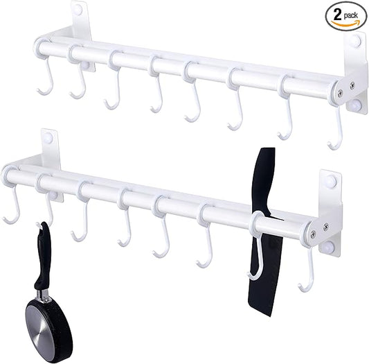 Dseap Pot Rack - Pots and Pans Hanging Rack Rail with 8 Hooks, Double Bars, Pot Hangers for Kitchen, Wall Mounted, White, 2 Packs