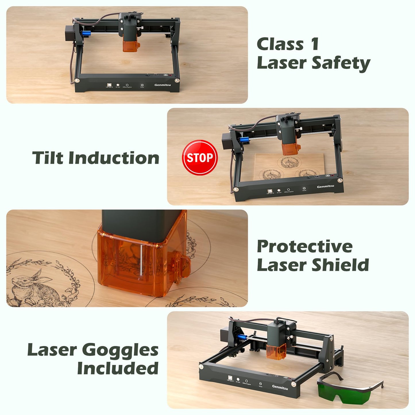 Genmitsu Laser Engraver Machine Kortek 10W ±0.01mm High Precision, 200x150mm, Portable CNC Laser Cutter for DIY Wood, Opaque Acrylic, Leather, Glass, Ceramic, Metal, Fiber