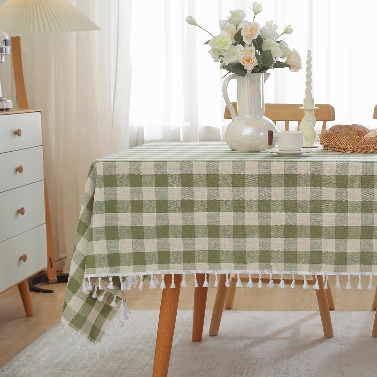 JIALE Spring Checkered Table Cloth Rectangle Cotton Linen Fabric Gingham Tablecloth with Tassel Washable Wrinkle Free Buffalo Plaid Table Cover for Picnic Kitchen Dining, Green, 55x75''
