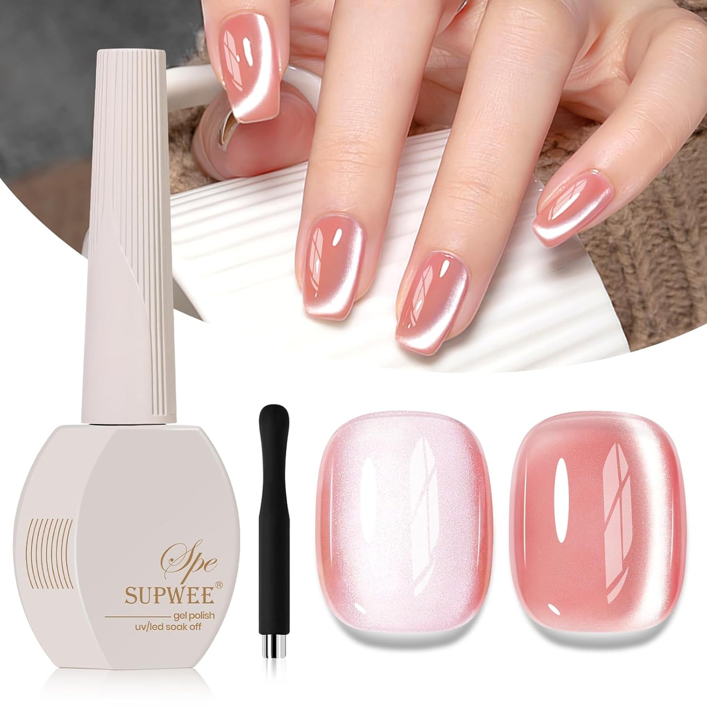 Moonlight Crystal Cat Eye Gel Polish, 15ml Peach Pink Glass Cateye Gel Nail Polish with Magnet Jelly Glitter Gel Polish Soak Off U V Gel Salon DIY at Home