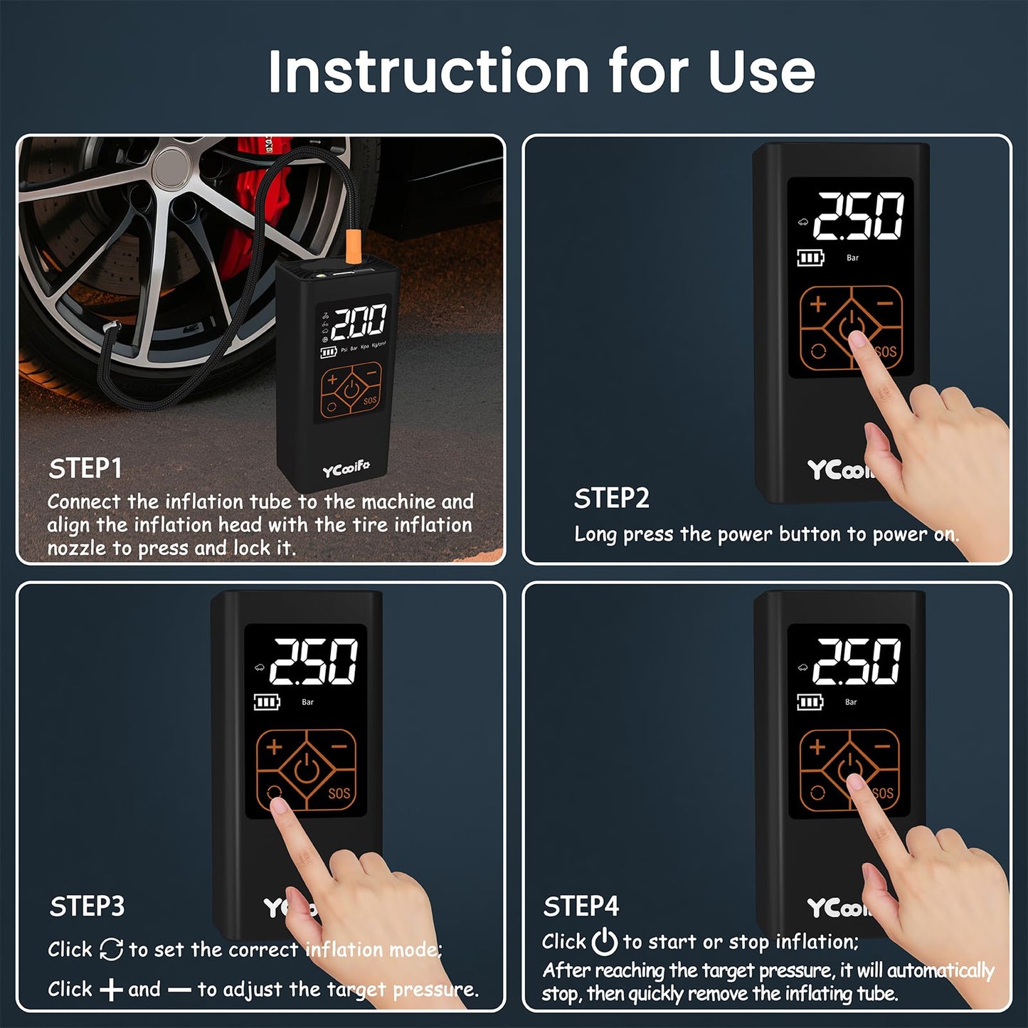 YCooiFo 150 PSI Tire Inflator Portable Air Compressor, 8000mAh Battery Auto Shut-Off Air Pump, 6X Inflator Portable Tire Inflator for Car, Bicycle, Motor, Ball