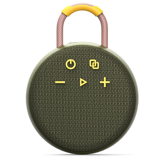 MusiBaby Rugged Mini Clip-On Speaker – BT 5.3, Waterproof Build, Shock-Resistant Rubber Shell, Great for Camping Packs, College Study Corners, or Travel Bags (Green)