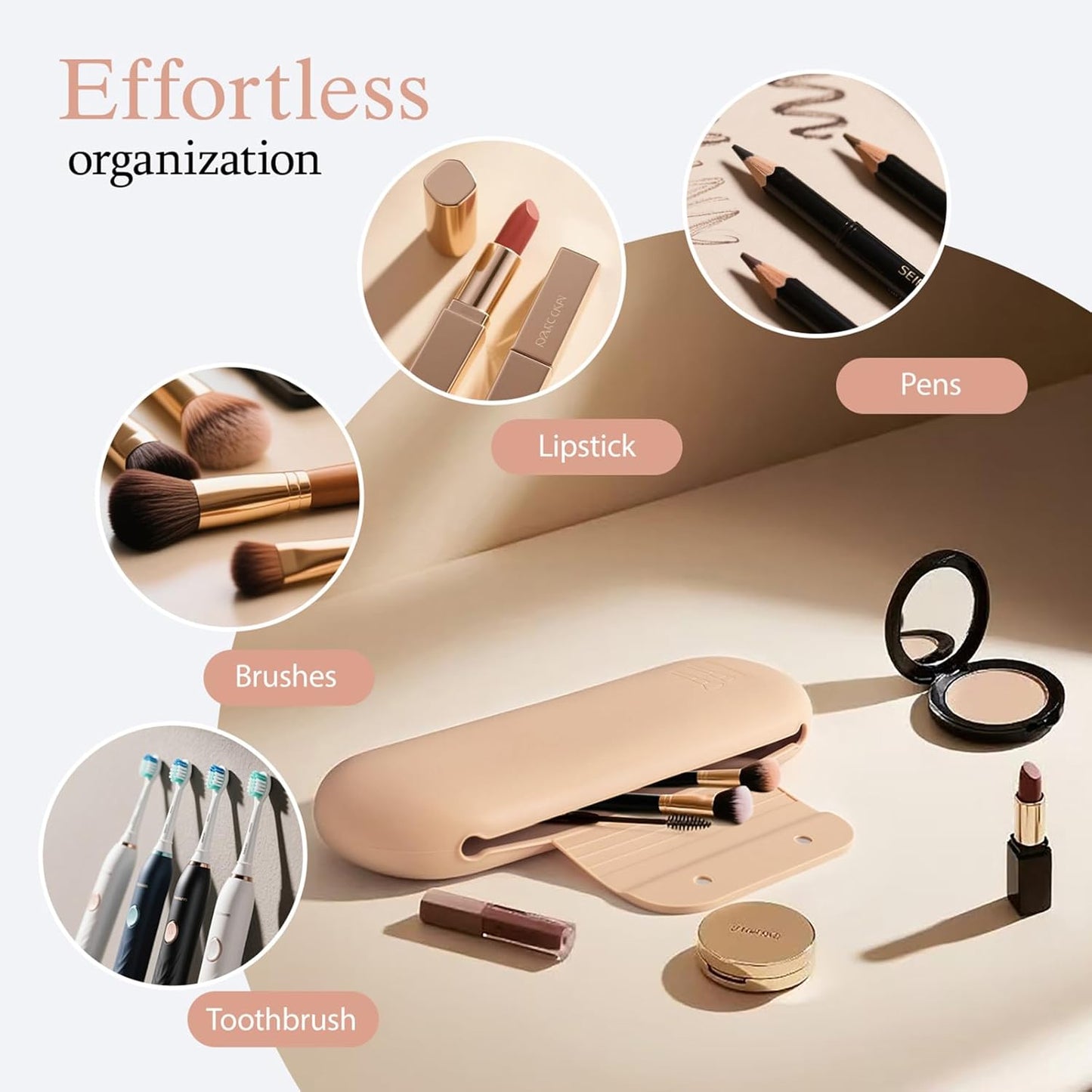 Silicone Makeup Brush Holder Set – Portable Travel Makeup Brush Holder with Makeup Sponge Holder and Foldable Cleaning Bowl – Upgraded 3-in-1 Cosmetic Organizer Set (khaki)