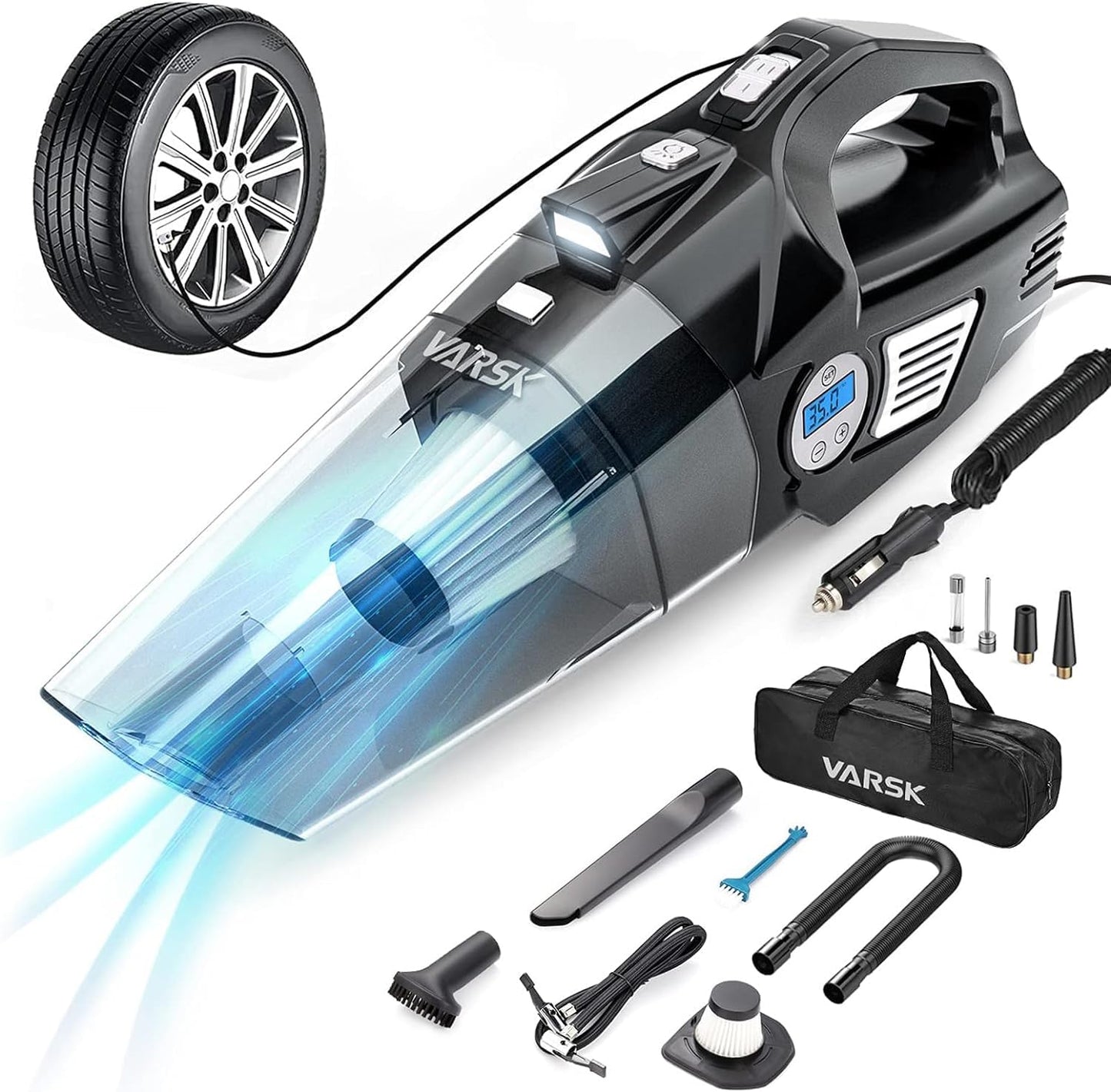 VARSK 4-in-1 Car Vacuum Cleaner High Power, Tire Inflator Portable Car Vacuum with Digital Tire Pressure Gauge LCD Display and LED Light, 12V DC, 15FT Cord, Essential Accessories for Men Women