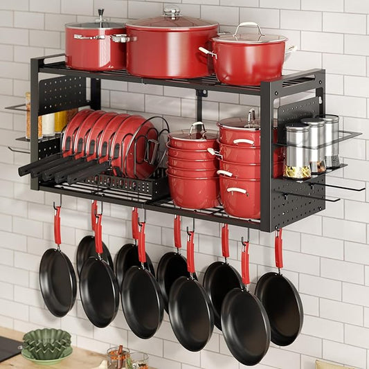 31 Inch Pot Rack Wall Mounted，3 in 1 Pots and Pans Organizer with 2 tier Kitchen Racks & Pot Lid Organizer Holder and 20 Hooks,Heavy Duty Hanging Pot Hanger for Kitchen Cookware, Utensils, Black