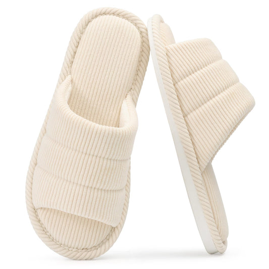 shevalues Terry Cloth Open Toe Slippers for Women Memory Foam Slip On House Slippers, Corduroy, Beige 260, 7.5-8.5 Women/6-7 Men