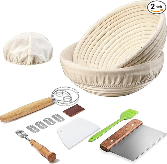 Dimpola Banneton Bread Proofing Basket Banneton Basket Set Sourdough Proofing Basket Round Proofing Bowls Handmade Rattan Baskets and Liners (2 Round 9 inch Baking Set)