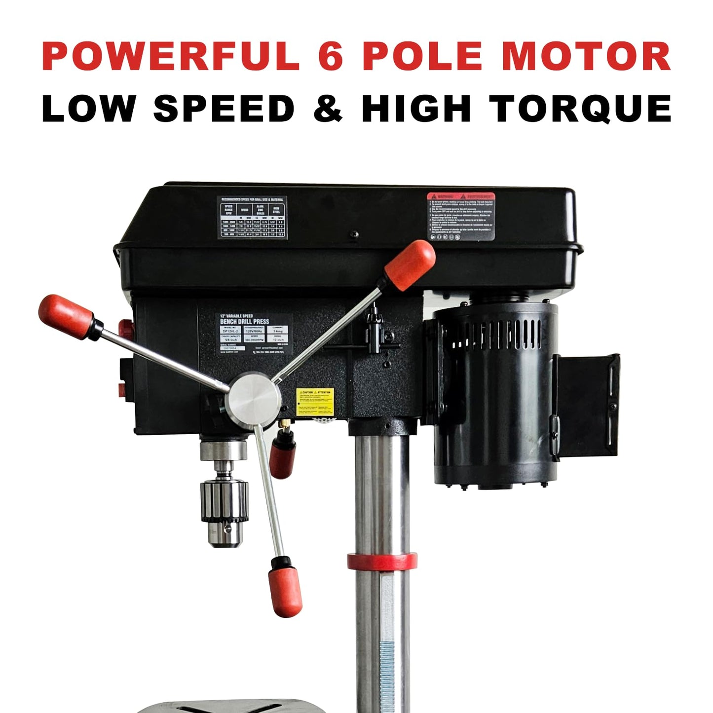 BUCKTOOL 12'' 6 Pole Motor Variable Speed Benchtop Drill Press 360–2000RPM, 3/4HP Powerful Bench Drill Press with Laser and Worklight, Low Speed Tabletop Drilling Machine for Metalworking, Woodworking