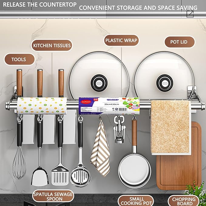Hanging Wall Mount knife Wall Mount, Kitchen Organizer Storage Shelf for Utensils Spatula Spoon, Space-Saving Knife Rack with Hooks,Wall-Mounted Utensil Holder (Silver, 50CM+Three Poles+8Hooks)