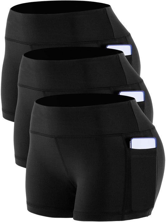 CADMUS Women's Workout Yoga Running Compression Exercise Booty Shorts with One Side Pockets,3 Pack,09,Black,Small
