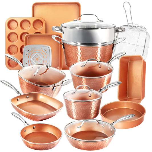Gotham Steel Hammered 20 Pc Ceramic Cookware Set Nonstick, True Ceramic Pots and Pans Set Non Stick with Deep Square Pan Set & Bakeware Set, Non Toxic PFOA PFOS Free, Oven & Dishwasher Safe