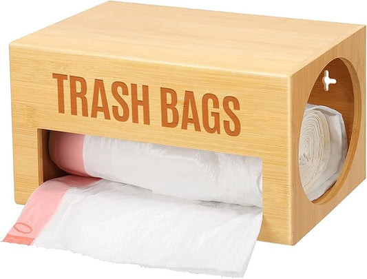 Bamboo Garbage Bag Dispenser Roll Holder - Wall Mount Trash Bag Organizer for 13-33 Gallons, Under Sink Kitchen Grocery Bag Storage Container, Not Suitable for Large Roll