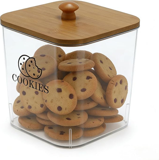 Cookie Jars with Wooden Lids Airtight, 2L Plastic Cookie Tin, Wide Mouth Candy Jar, Kitchen Counter Food Storage Container, Cute Jar for Gift Giving, BPA-Free, Clear