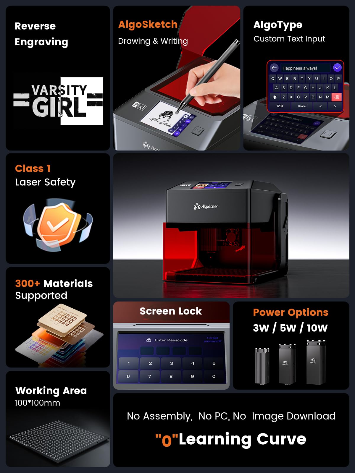 AlgoLaser 10W Portable Laser Engraver Machine: Smart Laser Engraver/Cutter with 3.5" Touchscreen & 2.0 AlgoOS System - Hand Draw/Wireless Transmission/Offline - Laser Engraving for Wood,Metal,Glass