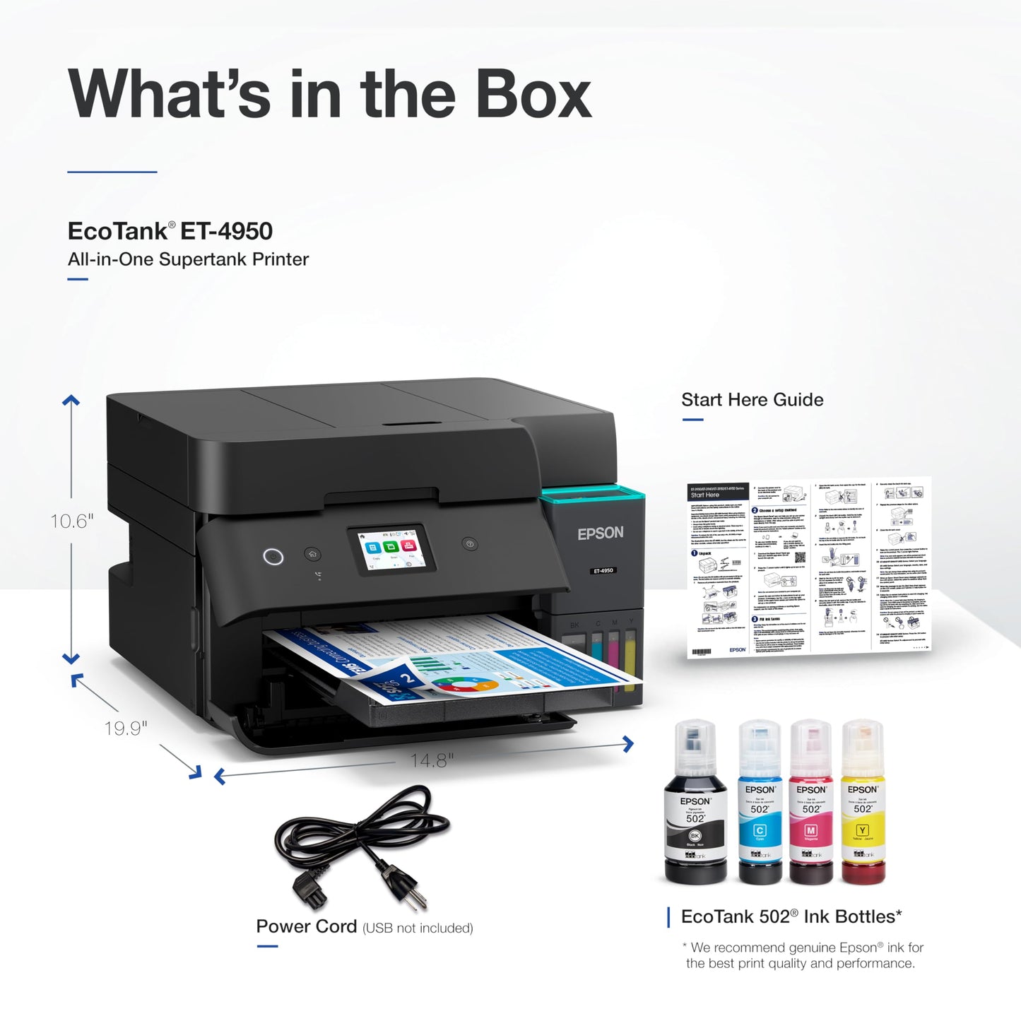 Epson EcoTank ET-4950 Wireless All-in-One Color Supertank Printer with up to 3 Years of Ink, Refillable Tanks, Perfect for Home, 18 PPM, 2.4" Color Touchscreen, Auto Document Feeder – Black