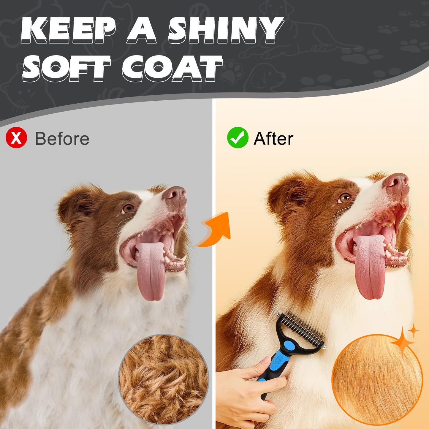 UGNEL 3PCS Pet Grooming Rake & Metal Comb & Bath Brush for Dogs and Cats, Double-Sided Dematting Tool, Extra-Wide Deshedding Dog Brush for Long Hair to Effectively Remove Tangles, Knots and Mats