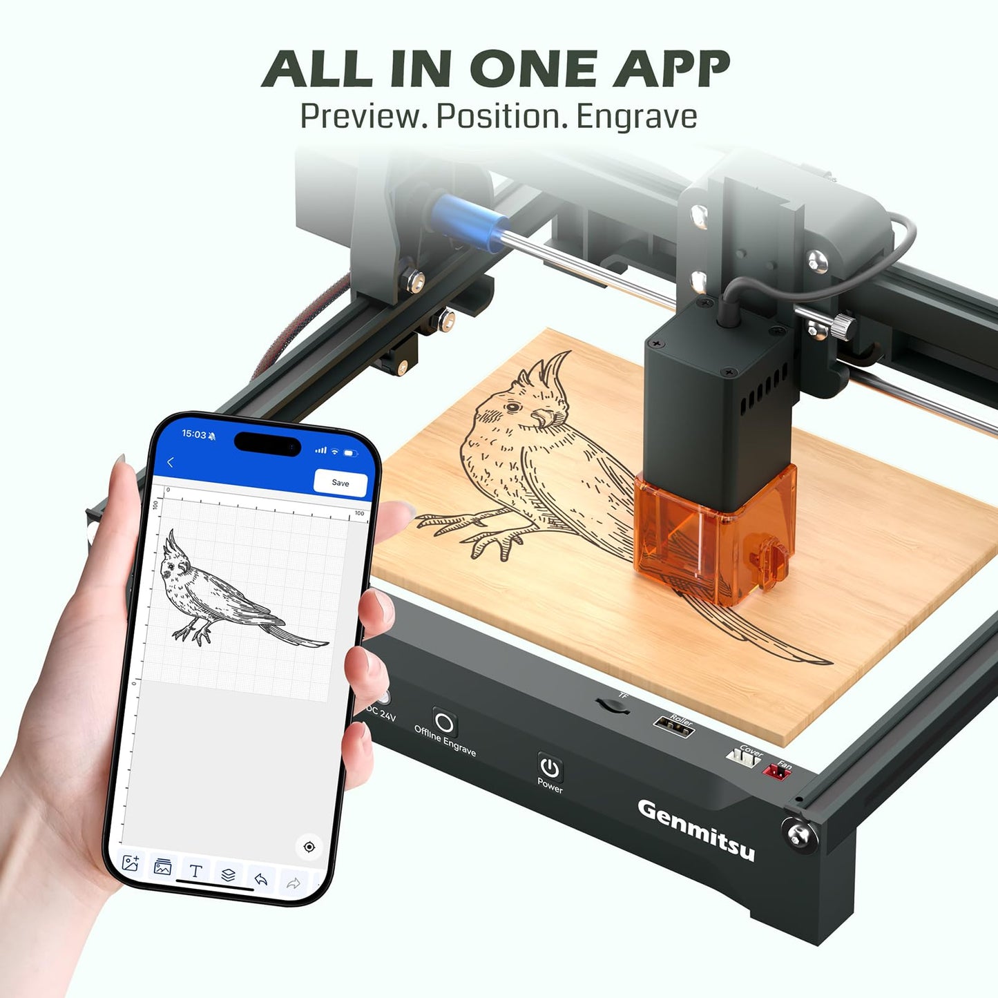 Genmitsu Laser Engraver Machine Kortek 10W ±0.01mm High Precision, 200x150mm, Portable CNC Laser Cutter for DIY Wood, Opaque Acrylic, Leather, Glass, Ceramic, Metal, Fiber