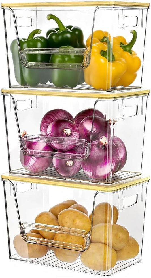 Delamu 3 Pack Pantry Organizers and Storage,Trash Bag Dispenser with Bamboo Top,Stackable Trash Bag Dispenser Under Sink Organizer for 4-30 GalBags,Onion,Potato,Fruits,Clear