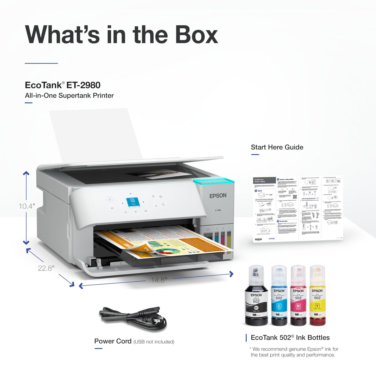 Epson EcoTank ET-2980 Wireless All-in-One Color Supertank Printer with up to 3 Years of Ink, Refillable Tanks, Perfect for Home, 15 PPM, 1.44" Color Screen, Auto 2-Sided Printing - White