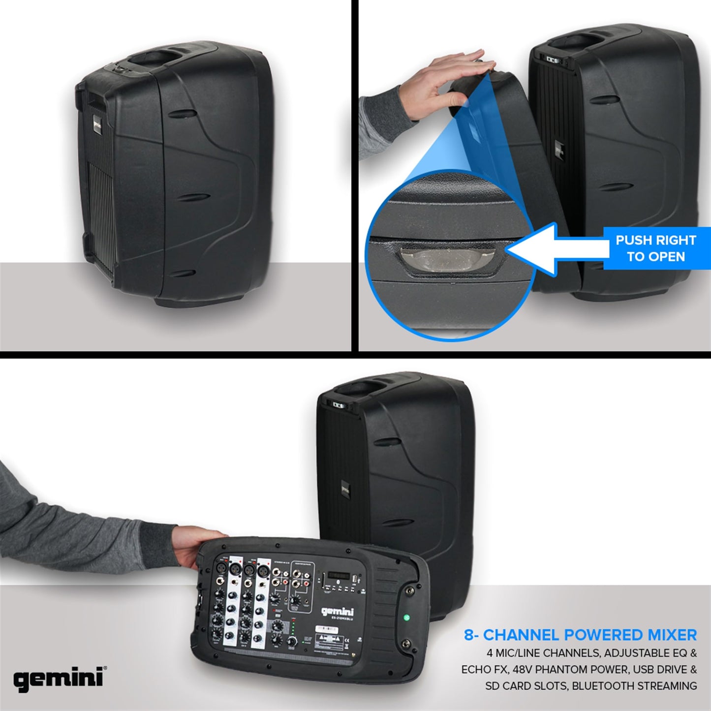 Gemini Portable PA System with Stands, Bluetooth, 600W Powered System with 6-Channel Mixer, Dual 10" Speakers, Mic & Cables—All-in-One for Events, DJs & Fitness (ES-210MXBLU-ST)