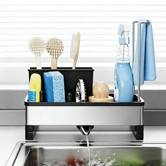 304 Stainless Steel Sink Caddy with Auto-Drain, Kitchen Sink Organizer Sponge Holder with Towel Rack & Removable Brush Holders, Countertop Storage for Soap Dispenser, Dishcloth, Kitchen Accessories