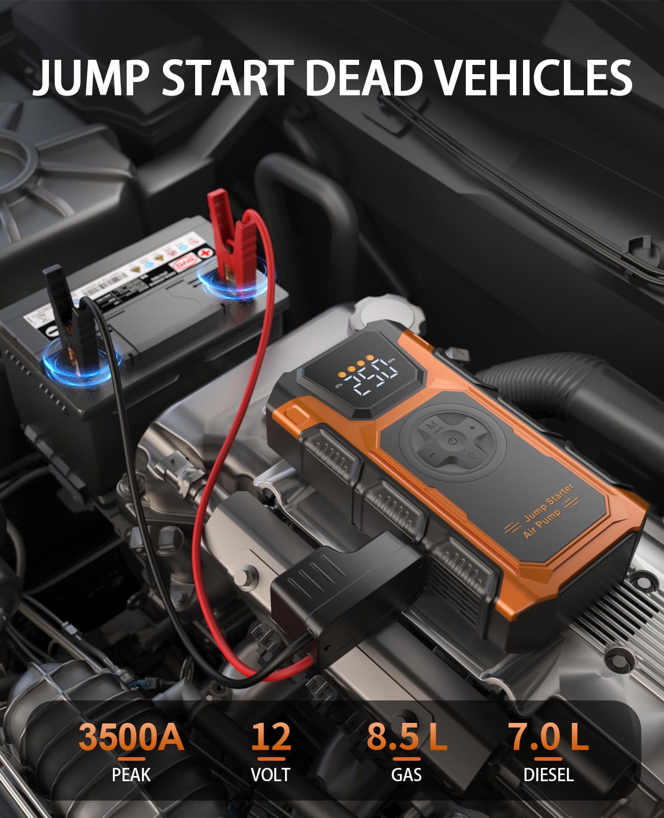 Tire Inflator Portable Air Compressor, 150 PSI Cordless Mini Air Pump for Car, Motorcycle, Bikes, Balls with Pressure Gauge&Auto Shutoff Function, 3500A Car Battery Jump Starter with LED Light