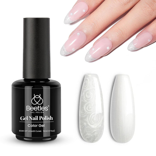 Beetles Pearl White Gel Nail Polish, 15ml 0.5Oz Pearl Shimmer White Mermaid Pearlescent Shell Nail Gel Polish Soak Off Uv Led Curing Requires Manicure Salon DIY Home Gifts for Wome