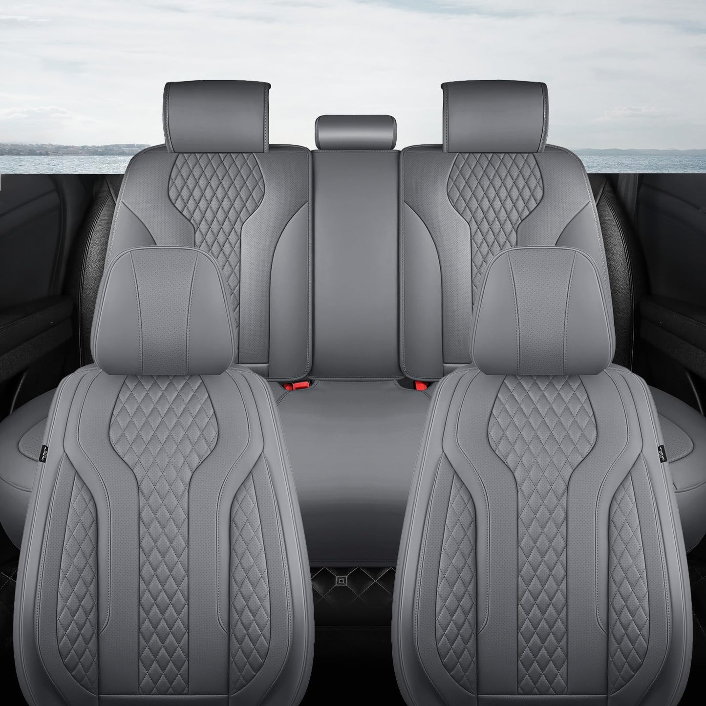 FEINEPRO Leather Car Seat Covers - Breathable Faux Leather Seat Covers Full Set for Cars SUV Sedan - Waterproof - Grey