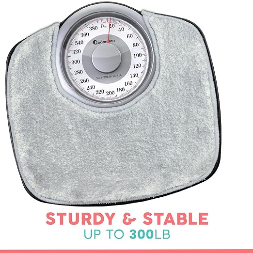 Adamson A25 Scales for Body Weight - Up to 400 LB - New - 5.3" Dial on 12.4" x 10.2" Platform - Anti-Skid Rubber Surface - Bathroom Scale Analog - Durable with 20-Year Assurance - w/Rug - Grey