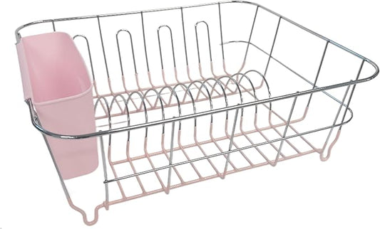 Dish Drying Rack & Cutlery Holder 2 Piece Set - Compact Sink-Fitting Dish Drainer with Rubberized Undercoating, Space-Saving Kitchen Organizer for Plates, Cups, Bowls & Utensils in Sink, Pale Pink