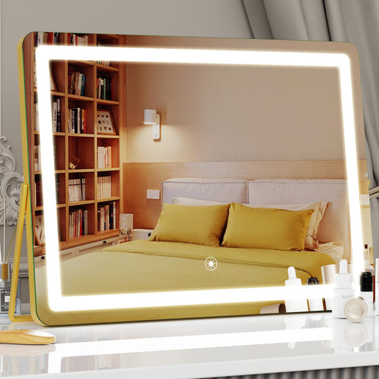 Gvnkvn Ligheted Vanity Mirror with Lights, 14" x 12" LED Makeup Mirror, Hollywood Mirror,3 Modes Light, Smart Touch Control Dimmable, 360°Rotation, Rectangle Gold Frame