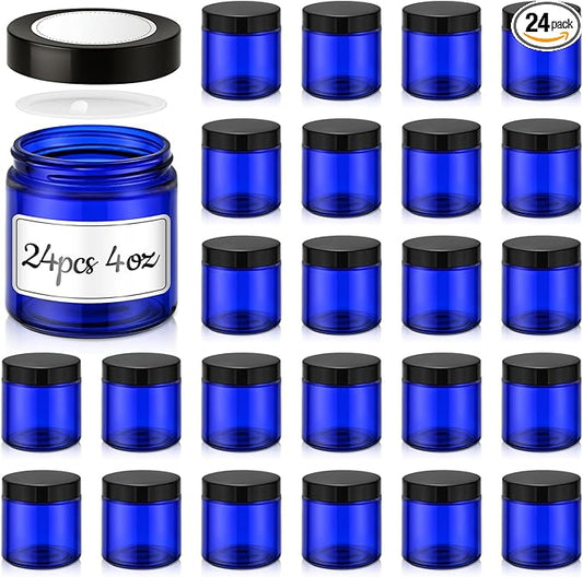 4 oz Glass Jars with Lids, 24 Pack Blue Small Glass Jars with Black Lids Leakproof Round Airtight Empty Cosmetic Travel Containers with Inner Liners For Lotions Powders and Candle Making