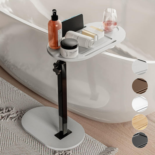 Yumkfoi Bamboo Bathtub Tray Table with Adjustable Height, Freestanding Bathtub Caddy for Tub Against Wall, Tub Organizer Suitable for Luxury Spa and House Warming - Patent Protected (Gray)