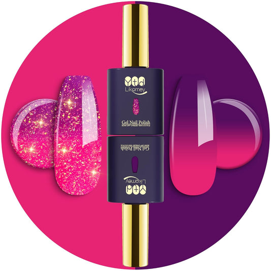 YTD Likomey Color Changing Gel Nail Polish 2 Pcs Set,15ml Hot Pink To Purple Pure Color and Brocade Glitter Nails Gel Kit,Thermal Ombre Change Colors Salon Manicure Fall Winter UV Varnish,WB2-4