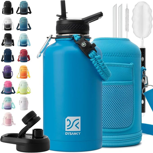 DYSANKY Insulated Water Bottle | Thickened Stainless Steel Vacuum Metal | Portable Sports Half Gallon Large Water Jug for Gym and Hiking with Straw, Carrier Bag, Handle Strap | BPA-Free 64 oz