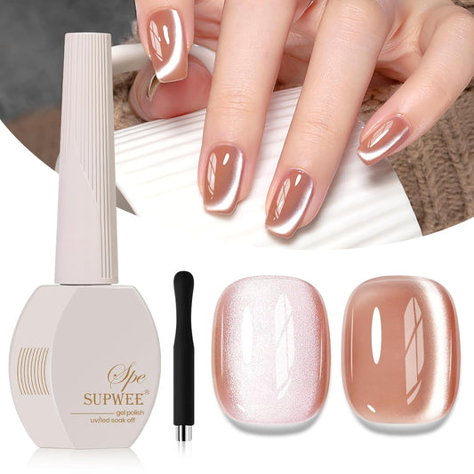 Moonlight Cat Eye Gel Nail Polish,Nude Glass Cateye Gel Polish with Magnet Jelly Glitter Holographic Gel Polish Soak Off U V Gel Salon DIY at Home, 0.5 OZ
