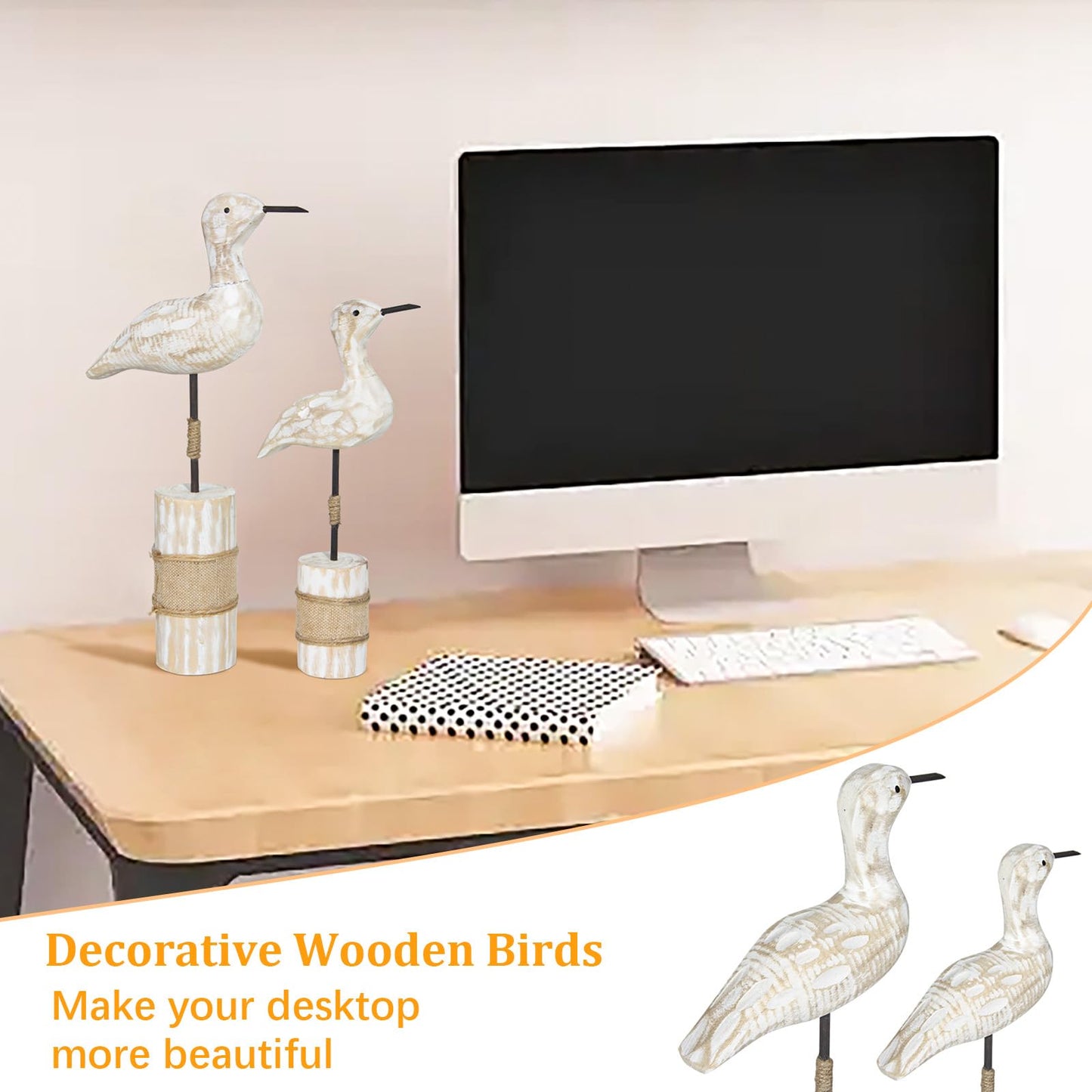 EVINIS Wooden Sea Birds Statues Coastal Decor, White Seagull Statues for Nautical Coastal Beach Ocean Home Decoration (2Packs)